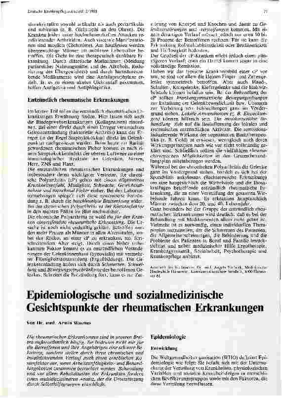 Vorschauseite 1: Epidemiologische und sozialmedizinische Gesichtspunkte der rheumatischen Erkrankungen