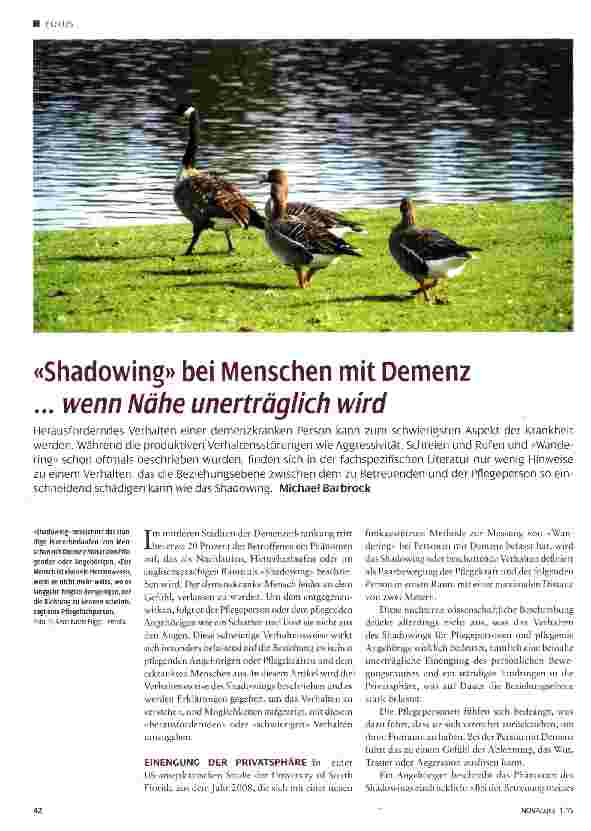 Vorschauseite 1: «Shadowing» bei Menschen mit Demenz ... wenn Nähe unerträglich wird