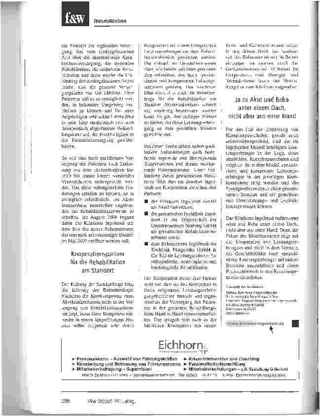 Vorschauseite 2: Akut und Reha unter einem Dach und aus einer Hand?Ingolstädter Kooperationsmodell bündelt Kernkompetenzen regionaler Gesundheitsanbieter