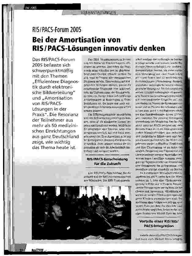 Vorschauseite 1: RIS/PACS-Forum 2005Bei der Amortisation von RIS/PACS-Lösungen innovativ denken