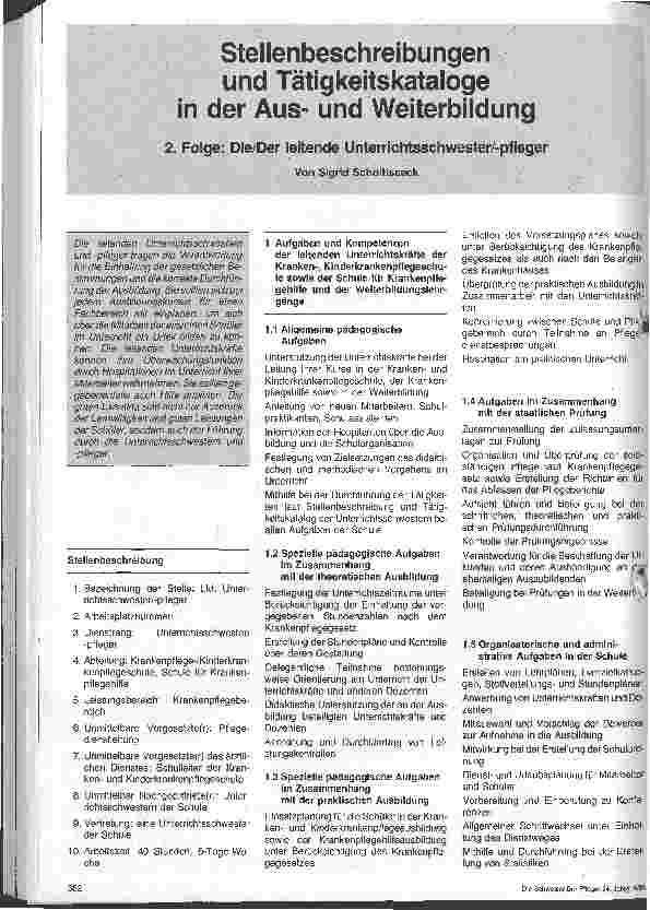 Vorschauseite 1: Stellenbeschreibung und Tätigkeitskataloge in der Ausund Weiterbildung; 2. Folge: Die/Der leitende Unterrichtsschwester/Pfleger