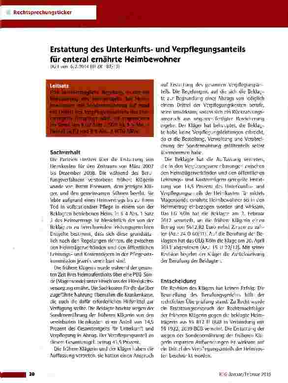 Vorschauseite 1: Erstattung des Unterkunftsund Verpflegungsanteils für enteral ernährte HeimbewohnerBGH vom 6. 2. 2014 (111 ZR 187/13)