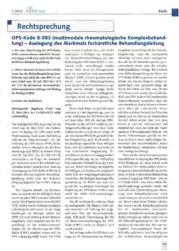 Vorschauseite 1: OPS-Kode 8-983 (multimodale rheumatologische Komplexbehandlung) - Auslegung des Merkmals fachärztliche Behandlungsleitung