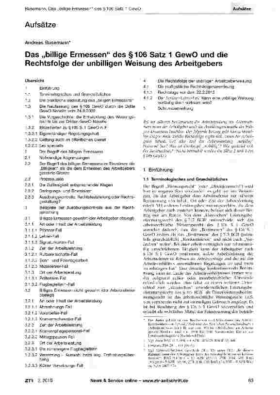 Vorschauseite 1: Das „billige Ermessen des §106 Satz 1 GewO und die Rechtsfolge der unbilligen Weisung des Arbeitgebers
