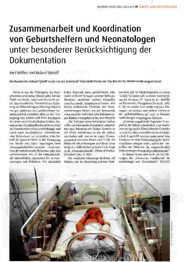 Vorschauseite 1: Zusammenarbeit und Koordination von Geburtshelfern und Neonatologen unter besonderer Berücksichtigung der Dokumentation