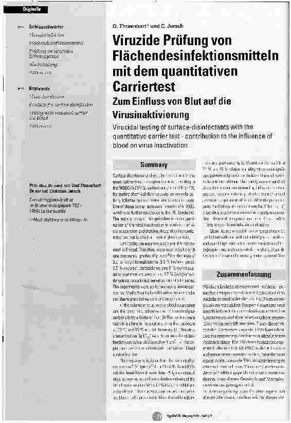 Vorschauseite 1: Viruzide Prüfung von Flächendesinfektionsmitteln mit dem quantitativen CarriertestZum Einfluss von Blut auf die Virusinaktivierung