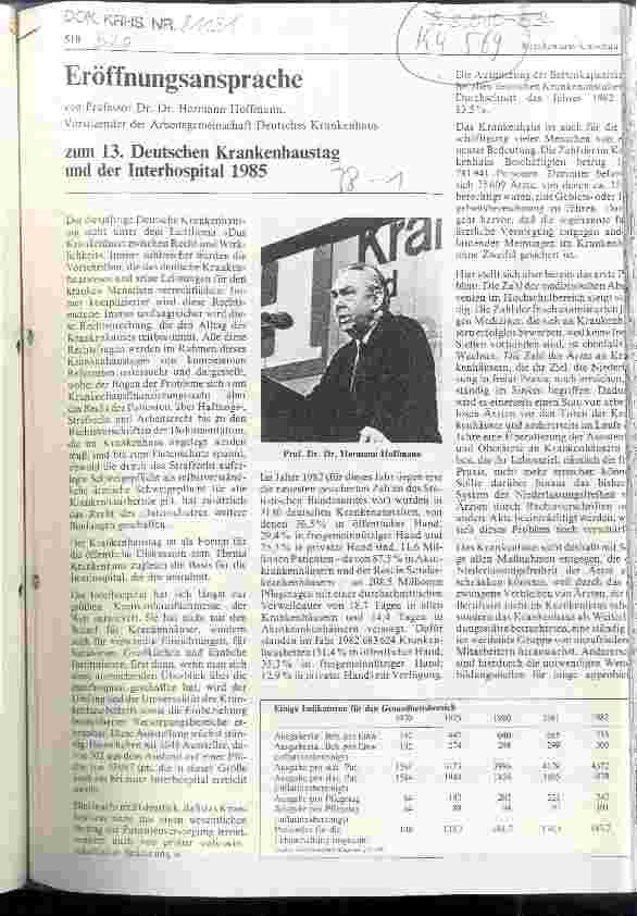 Vorschauseite 1: Eröffnungsansprache zum 13. Deutschen Krankenhaustag und der Interhospital 1985