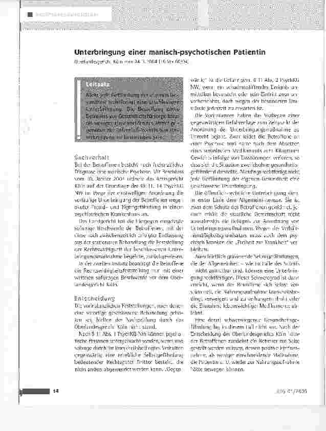 Vorschauseite 1: Unterbringung einer manisch-psychotischen PatientinOberlandesgericht Köln vom 24.3.2004 (16 Wx 60/04)