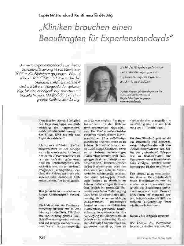 Vorschauseite 1: Expertenstandard KontinenzförderungKliniken brauchen einen Beauftragten für Expertenstandards