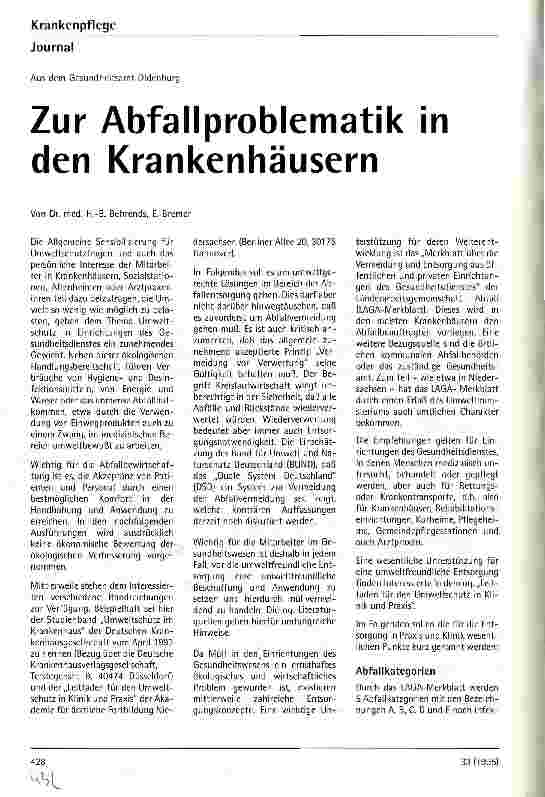 Vorschauseite 1: Zur Abfallproblematik in den Krankenhäusern