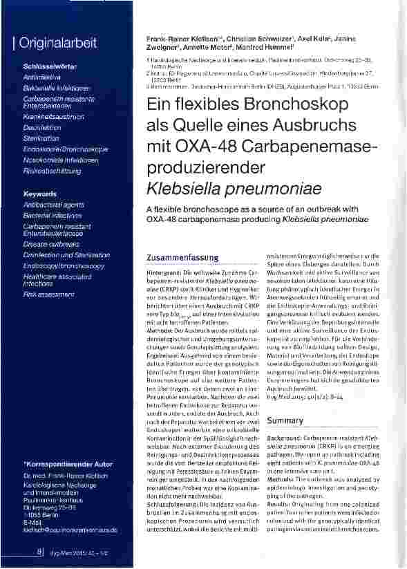 Vorschauseite 1: Ein flexibles Bronchoskop als Quelle eines Ausbruchs mit OXA-48 Carbapenemase-produzierender Klebsieila pneumoniae