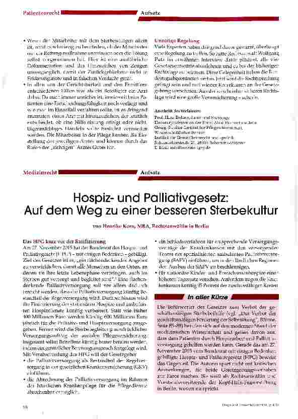 Vorschauseite 1: Hospizund Palliativgesetz: Auf dem Weg zu einer besseren Sterbekultur