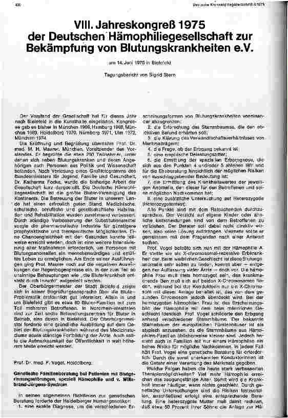 Vorschauseite 1: VIII. Jahreskongreß 1975 der Deutschen Hämophiliegesellschaft zur Bekämpfung von Blutungskrankheiten e. V.