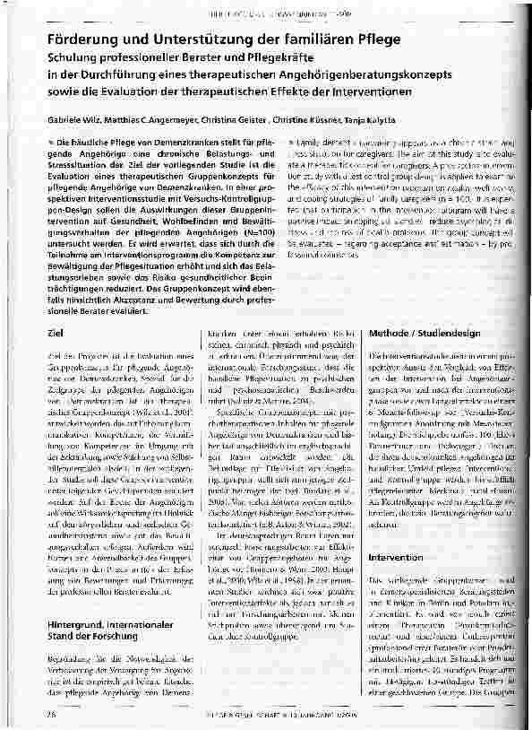 Vorschauseite 1: Förderung und Unterstützung der familiären PflegeSchulung professioneller Berater und Pflegekräftein der Durchführung eines therapeutischen Angehörigenberatungskonzeptssowie die E…