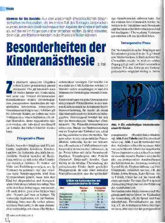 Vorschauseite 1: Besonderheiten der Kinderanästhesie 2. Teil Hinweise für das Handeln