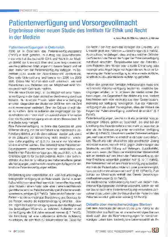 Vorschauseite 1: Patientenverfügung und Vorsorgevollmacht Ergebnisse einer neuen Studie des Instituts für Ethik und Rechtin der Medizin