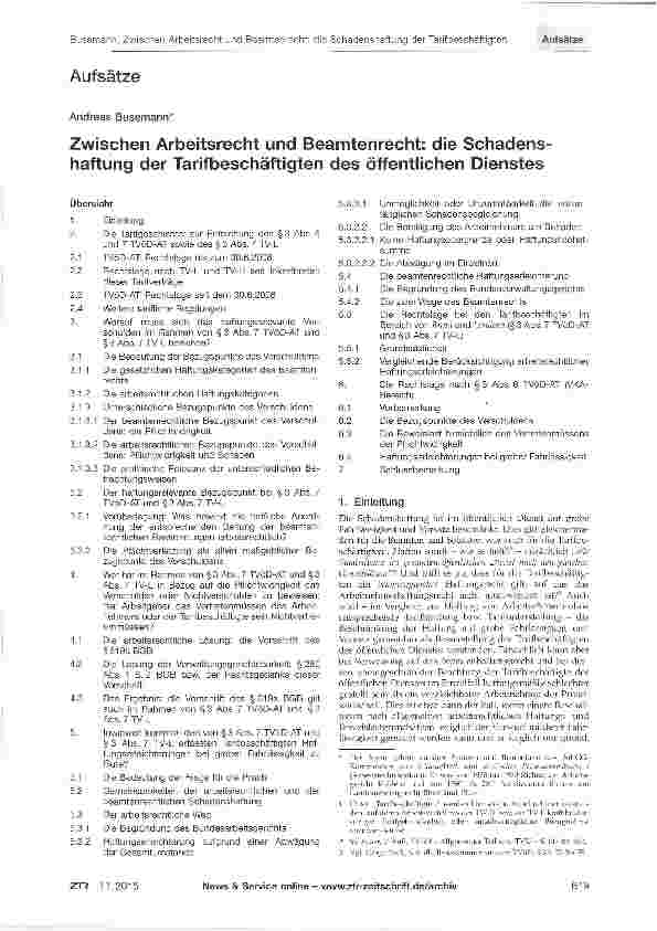 Vorschauseite 1: Zwischen Arbeitsrecht und Beamtenrecht: die Schadens-haftung der Tarifbeschäftigten des öffentlichen Dienstes