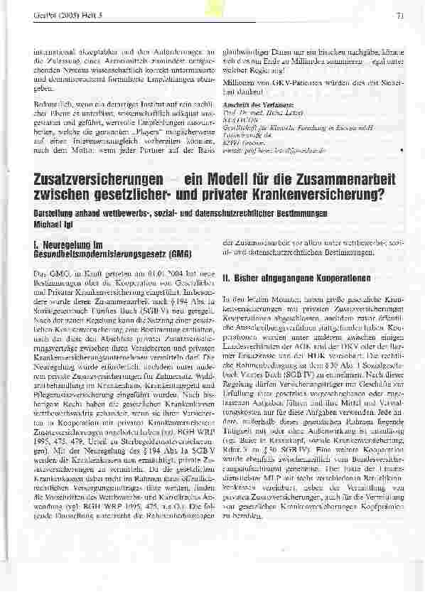 Vorschauseite 1: Zusatzversicherungen - ein Modell für die Zusammenarbeit zwischen gesetzlicherund privater Krankenversicherung? Darstellung anhand Wettbewerbs-, sozialund datenschutzrechtlicher B…