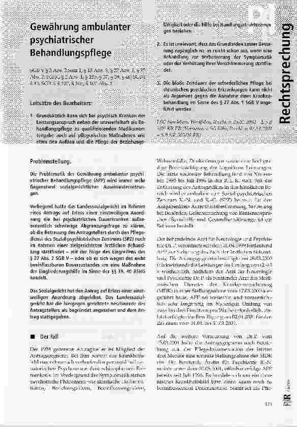 Vorschauseite 1: Gewährung ambulanter psychiatrischer BehandlungspflegeSGB V § 2 Abs. 2 Satz 1, § 13 Abs. 3, § 27 Abs. 1, § 37 Abs. 2; BSHG § 2 Abs. 1, § 15b, § 37, § 39, § 40; SGB I § 43; SGB X §…