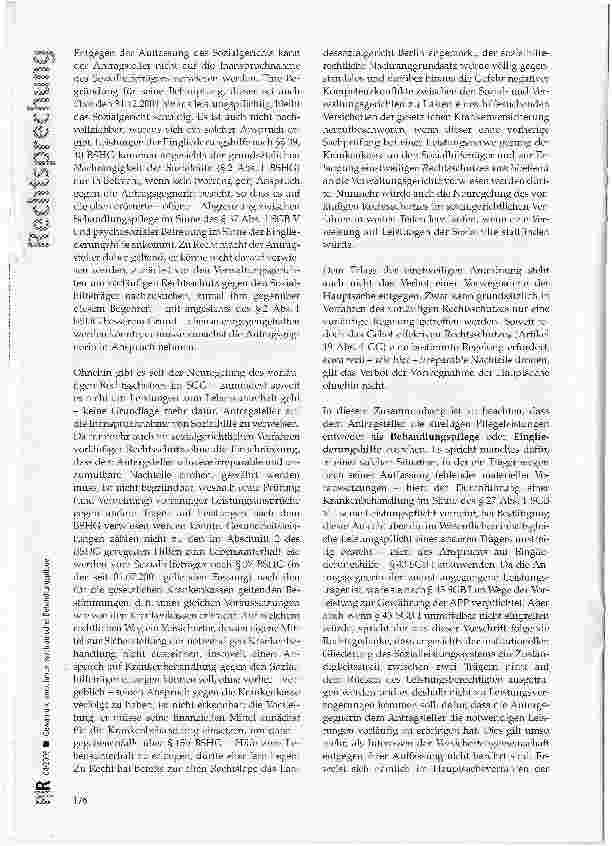 Vorschauseite 4: Gewährung ambulanter psychiatrischer BehandlungspflegeSGB V § 2 Abs. 2 Satz 1, § 13 Abs. 3, § 27 Abs. 1, § 37 Abs. 2; BSHG § 2 Abs. 1, § 15b, § 37, § 39, § 40; SGB I § 43; SGB X §…