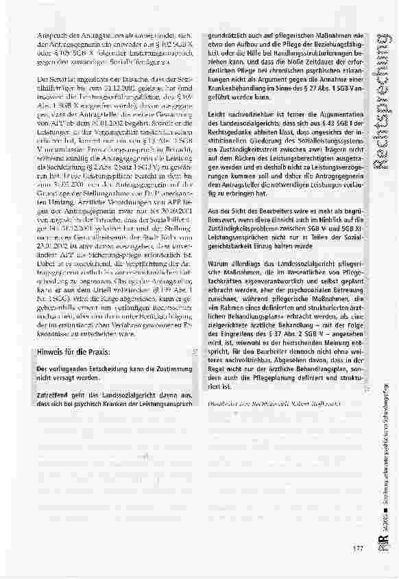Vorschauseite 5: Gewährung ambulanter psychiatrischer BehandlungspflegeSGB V § 2 Abs. 2 Satz 1, § 13 Abs. 3, § 27 Abs. 1, § 37 Abs. 2; BSHG § 2 Abs. 1, § 15b, § 37, § 39, § 40; SGB I § 43; SGB X §…