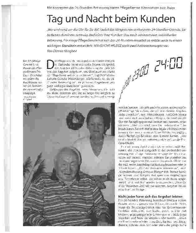 Vorschauseite 1: Tag und Nacht beim Kunden. Mit Konzepten der 24-Stunden-Betreuung bieten Pflegedienste Alternativen zum Heim