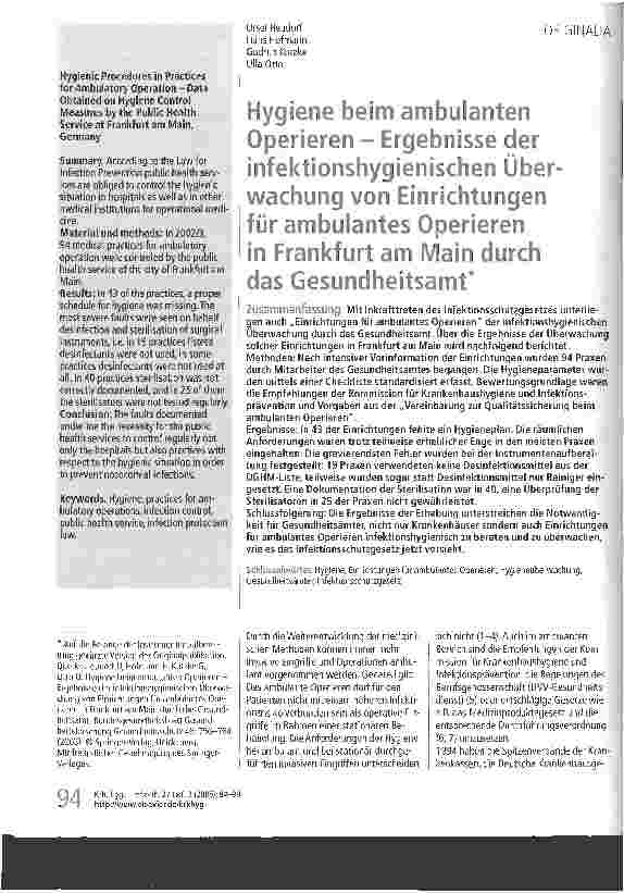 Vorschauseite 1: Hygiene beim ambulanten Operieren - Ergebnisse der infektionshygienischen Überwachung von Einrichtungen für ambulantes Operieren in Frankfurt am Main durch das Gesundheitsamt