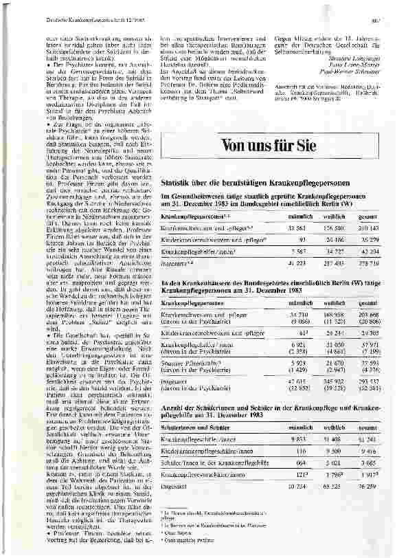 Vorschauseite 1: Statistik über die berufstätigen Krankenpflegepersonen Stand 31.12.1983