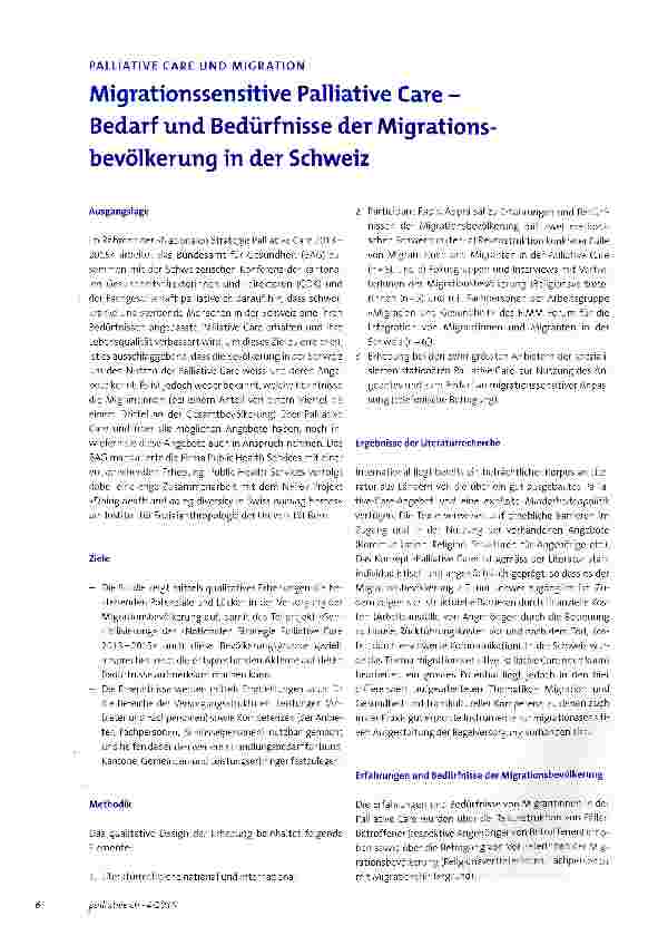 Vorschauseite 1: Migrationssensitive Palliative Care -Bedarf und Bedürfnisse der Migrations bevölkerung in der Schweiz