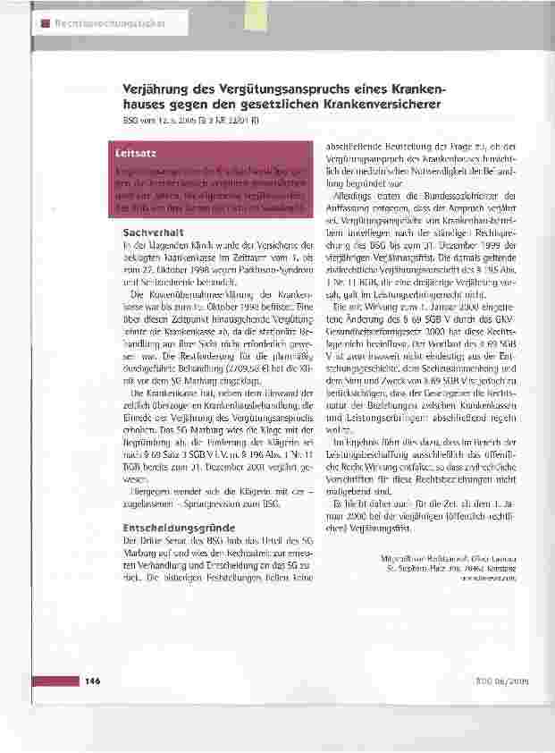 Vorschauseite 1: Verjährung des Vergütungsanspruchs eines Krankenhauses gegen den gesetzlichen Krankenversicherer