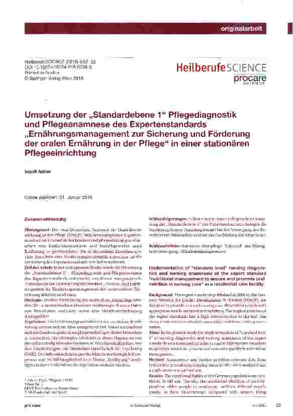 Vorschauseite 1: Umsetzung der „Standardebene 1 Pflegediagnostik und Pflegeanamnese des Expertenstandards „Ernährungsmanagement zur Sicherung und Förderung der oralen Ernährung in der Pflege in ei…