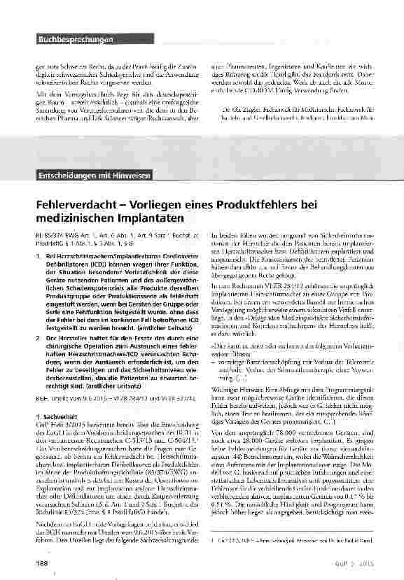 Vorschauseite 1: Fehlerverdacht-Vorliegen eines Produktfehlers bei medizinischen Implantaten