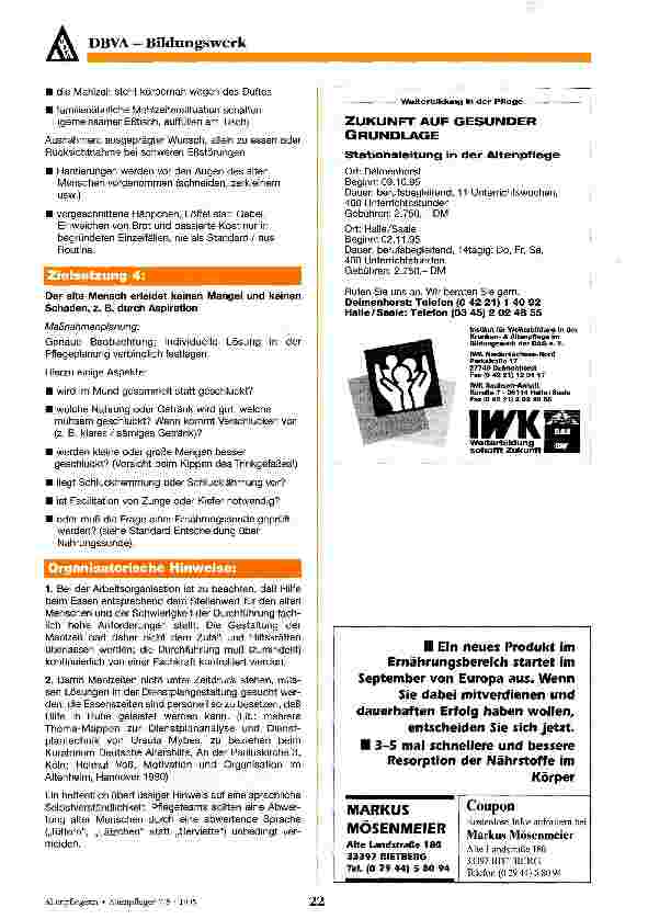 Vorschauseite 2: Pflegestandards und Qualitätssicherung 5. Folge: Altenpflegestandard: Unterstützung bei Störungen im Bereich der AEDL Essen und Trinken II: Essen reichen