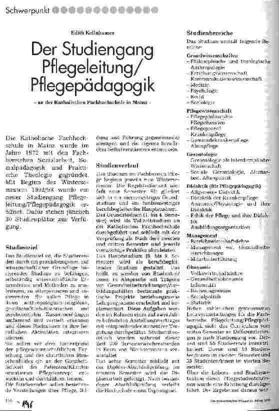 Vorschauseite 1: Der Studiengang Pflegeleitung/Pflegepädagogik an der Katholischen Fachhochschule in Mainz