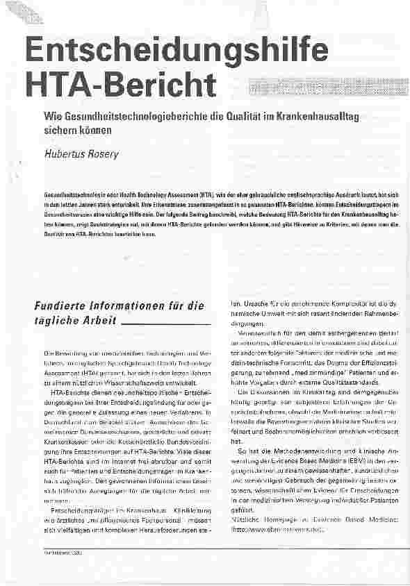 Vorschauseite 1: Entscheidungshilfe HTA-Bericht Wie Gesundheitstechnologieberichte die Qualität im Krankenhausalltag sichern können