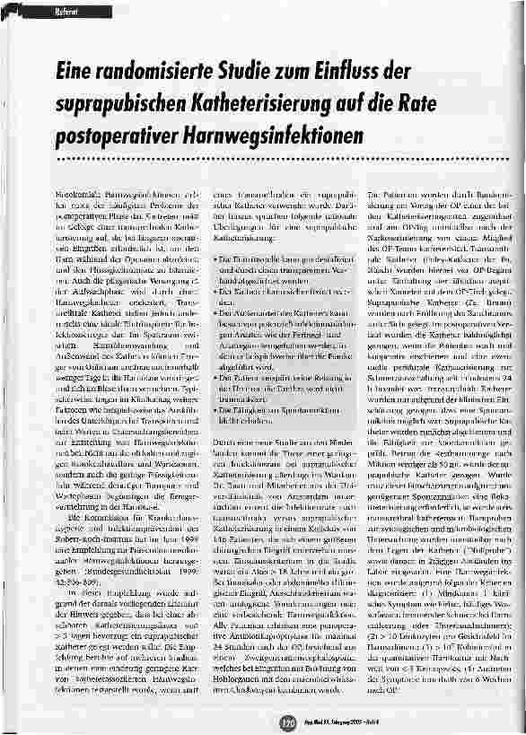 Vorschauseite 1: Eine randomisierte Studie zum Eiinfluss der suprapubischen Katheterisierung auf die Rate postoperativer Harnwegsinfektionen