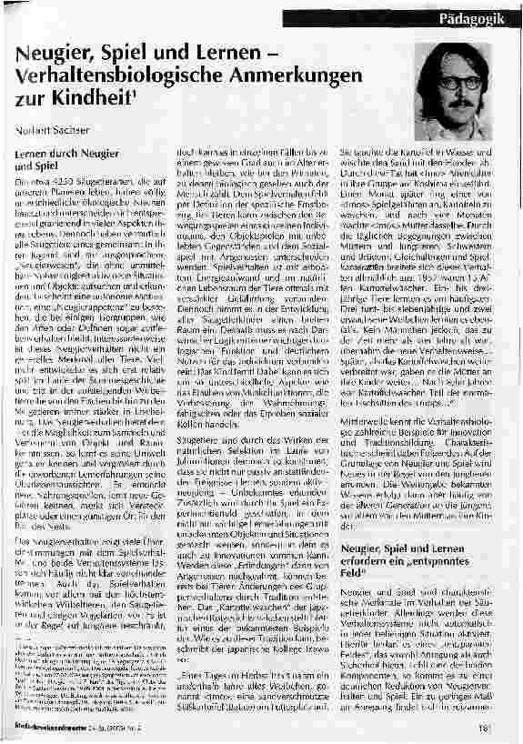 Vorschauseite 1: Pädagogik Neugier, Spiel und Lernen -Verhaltensbiologische Anmerkungen zur Kindheit
