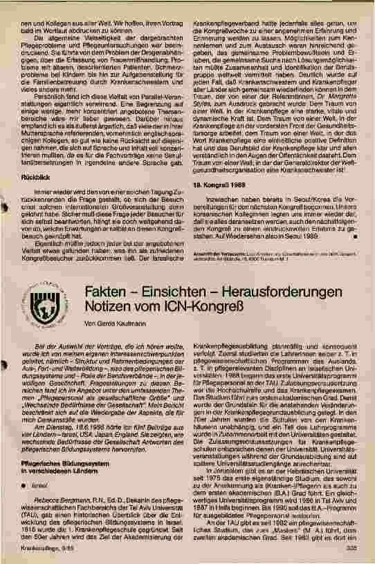 Vorschauseite 1: Fakten - Einsicht - Herausforderung, Notizen vom ICN -Kongreß