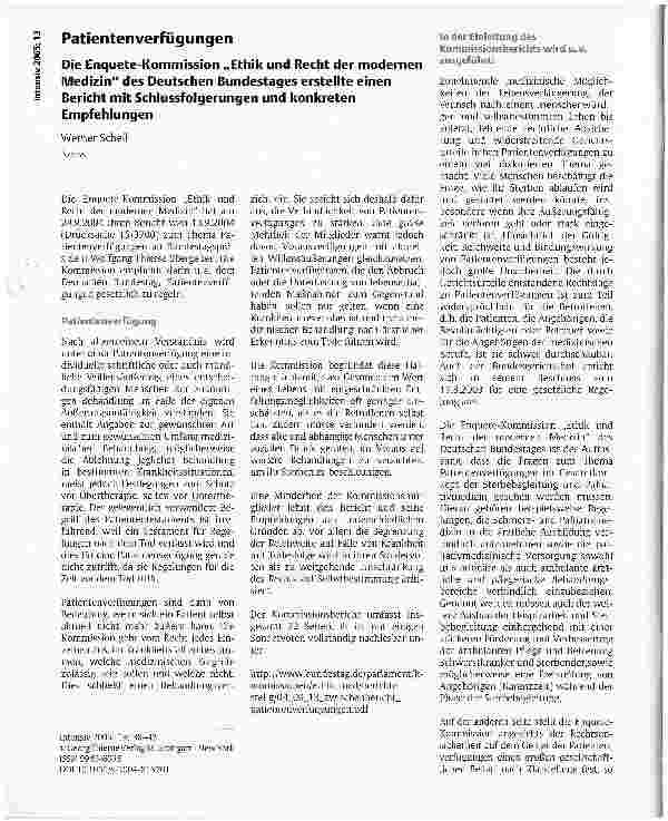Vorschauseite 1: PatientenverfügungenDie Enquete-Kommission Ethik und Recht der modernen Medizin des Deutschen Bundestages erstellte einen Bericht mit Schlussfolgerungen und konkreten Empfehlungen