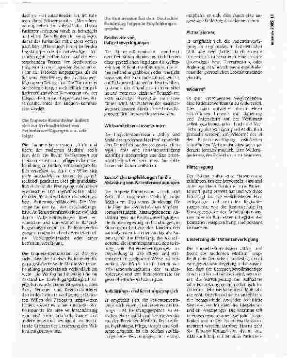 Vorschauseite 2: PatientenverfügungenDie Enquete-Kommission Ethik und Recht der modernen Medizin des Deutschen Bundestages erstellte einen Bericht mit Schlussfolgerungen und konkreten Empfehlungen