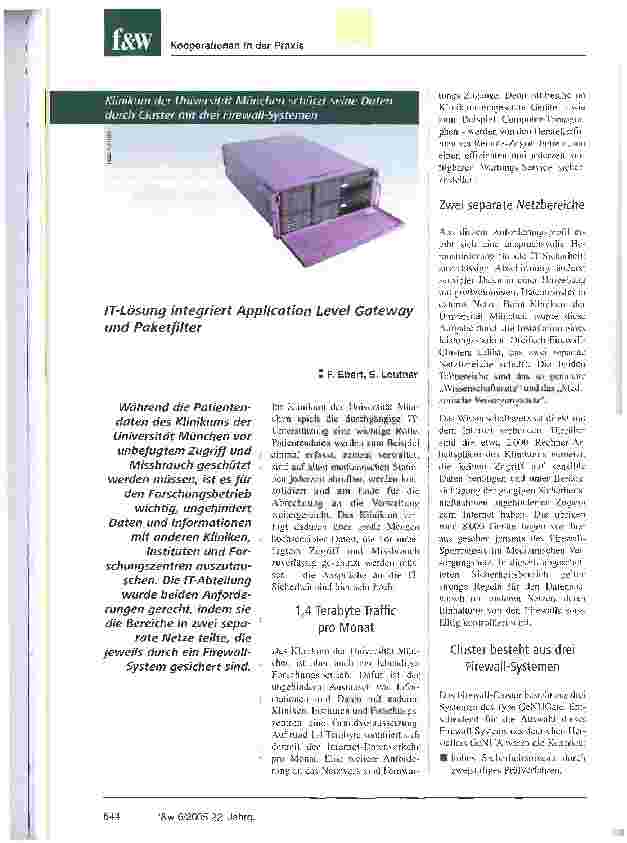 Vorschauseite 1: Klinikum der Universität München schützt seine Daten durch Cluster mit drei Firewall-SystemenIT-Lösung integriert Application Level Gateway und Paketfilter