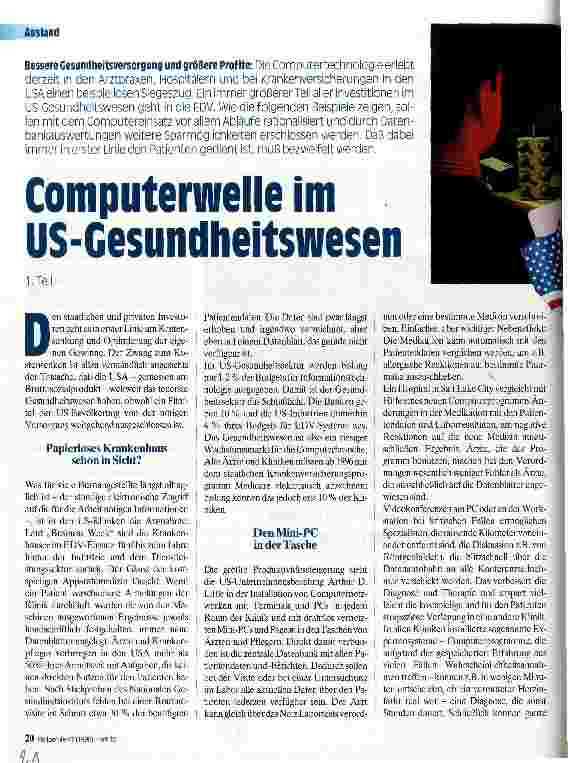 Vorschauseite 1: Computerwelle im US-Gesundheitswesen Bessere Gesundheitsversorgung und größere Profite