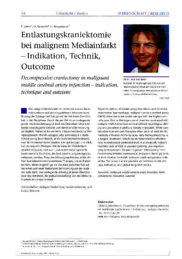 Vorschauseite 1: Entlastungskraniektomie bei malignem Mediainfarkt - Indikation, Technik, Outcome