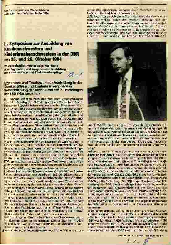 Vorschauseite 1: Symposium zur Ausbildung von Krankenschwestern und Kinderkrankenschwestern in der DDR am 25. und 26. Oktober 1984