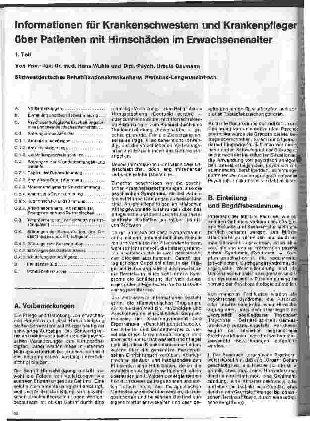 Vorschauseite 1: Informationen für Krankenschwestern und Krankenpfleger über Patienten mit Hirnschäden im Erwachsenenalter/1. Teil