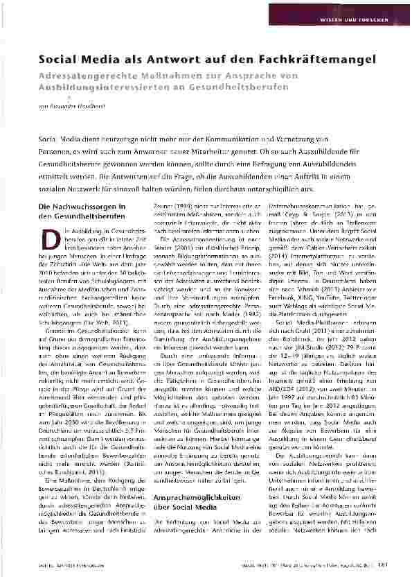 Vorschauseite 1: Social Media als Antwort auf den Fachkräftemangel Adressatengerechte Maßnahmen zur Ansprache von Ausbildungsinteressierten an Cesundheitsberufen