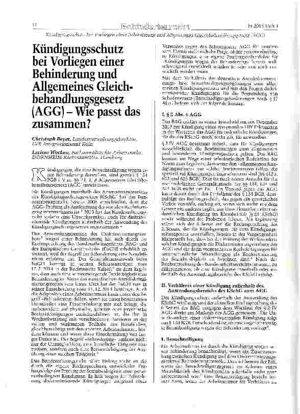 Vorschauseite 1: Kündigungsschutz bei Vorliegen einer Behinderung und Allgemeines Gleich-behandlungsgesetz (AGG) - Wie passt das zusammen?