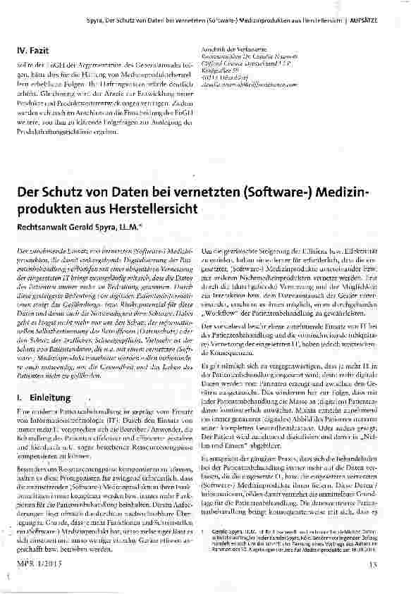 Vorschauseite 1: Der Schutz von Daten bei vernetzten (Software-) Medizin Produkten aus Herstellersicht