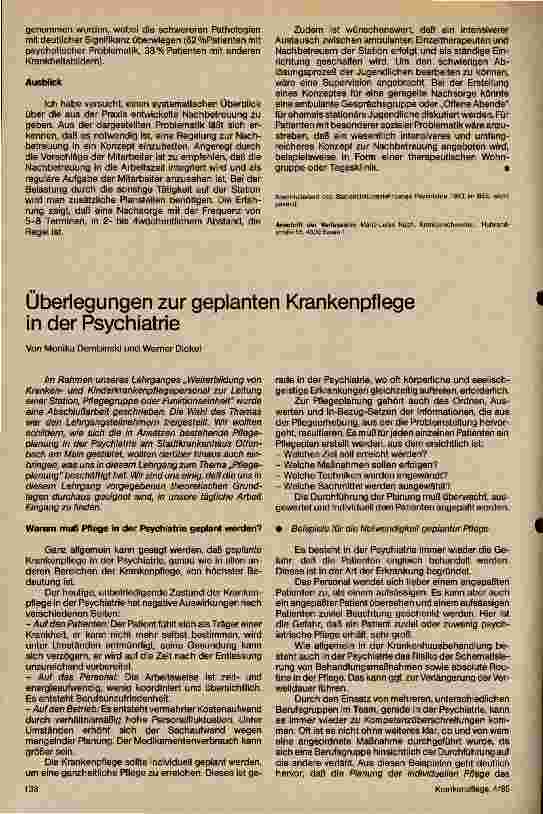 Vorschauseite 1: Überlegungen zur geplanten Krankenpflege in der Psychiatrie