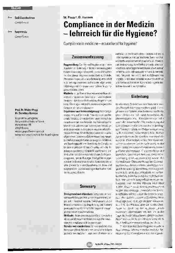 Vorschauseite 1: Compliance in der Medizin - lehrreich für die Hygiene?